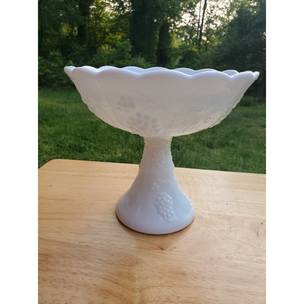 Milk Glass Pedestal Bowl, Pressed Glass, Grape Cluster "Colony" Pattern